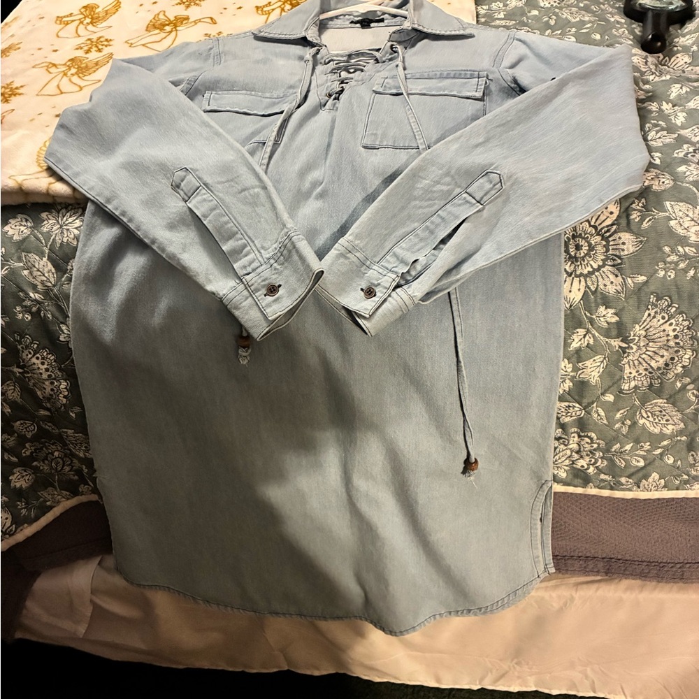 Light Blue Lace-Up Denim Dress (M) Tag Is Not Readable Newly Dry Cleaned - Picture 3 of 6